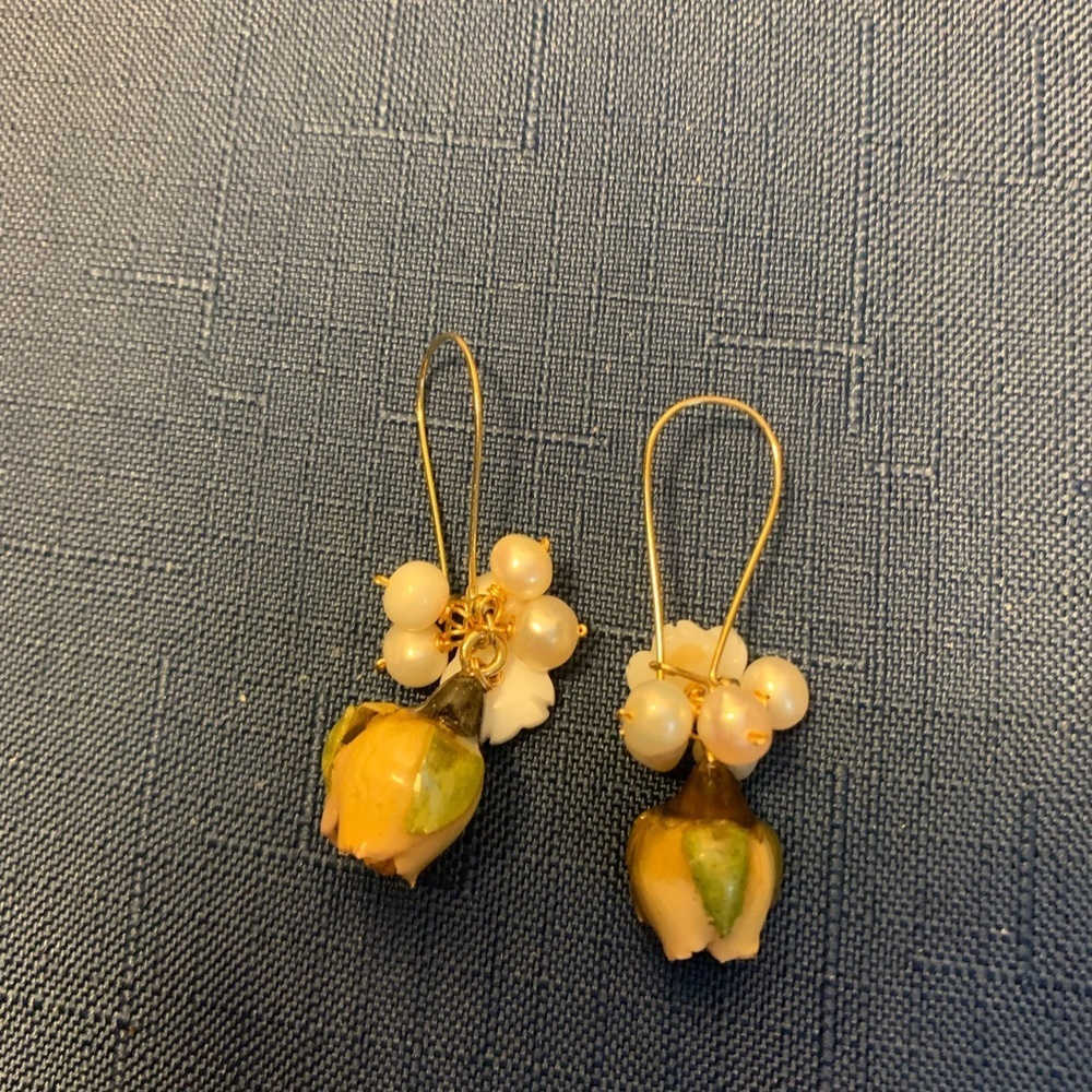 Gold Tone Earrings with Yellow Rosebud and Pearls